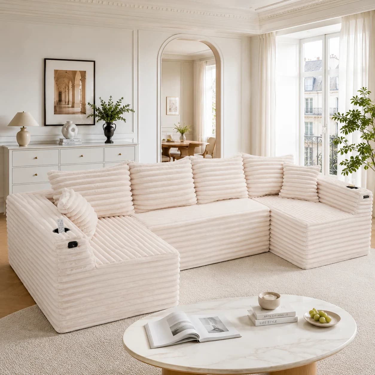 U-förmiges Cord-Sofa, 6-Sitzer mit Federkernpolsterung, 4 Rückenkissen & 2 Zierkissen, integrierten Getränkehaltern & Seitentaschen –