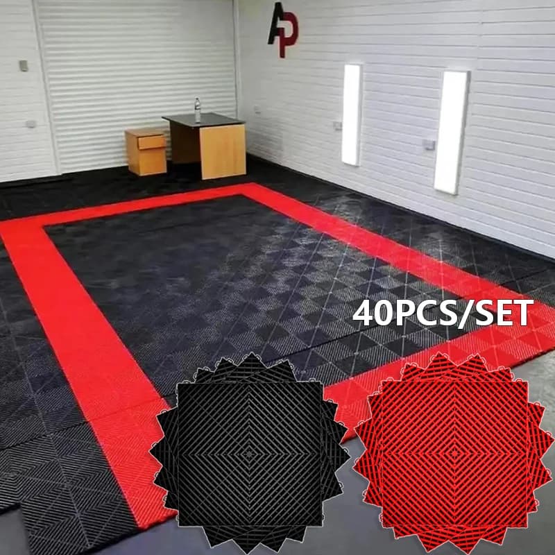 40-teiliges schwarz-rotes Garagenboden-Set, 40 x 40 x 1,8 cm, ineinandergreifende Garagenbodenplatten, Autowaschraum, Polypropylen-Spleißgitter,