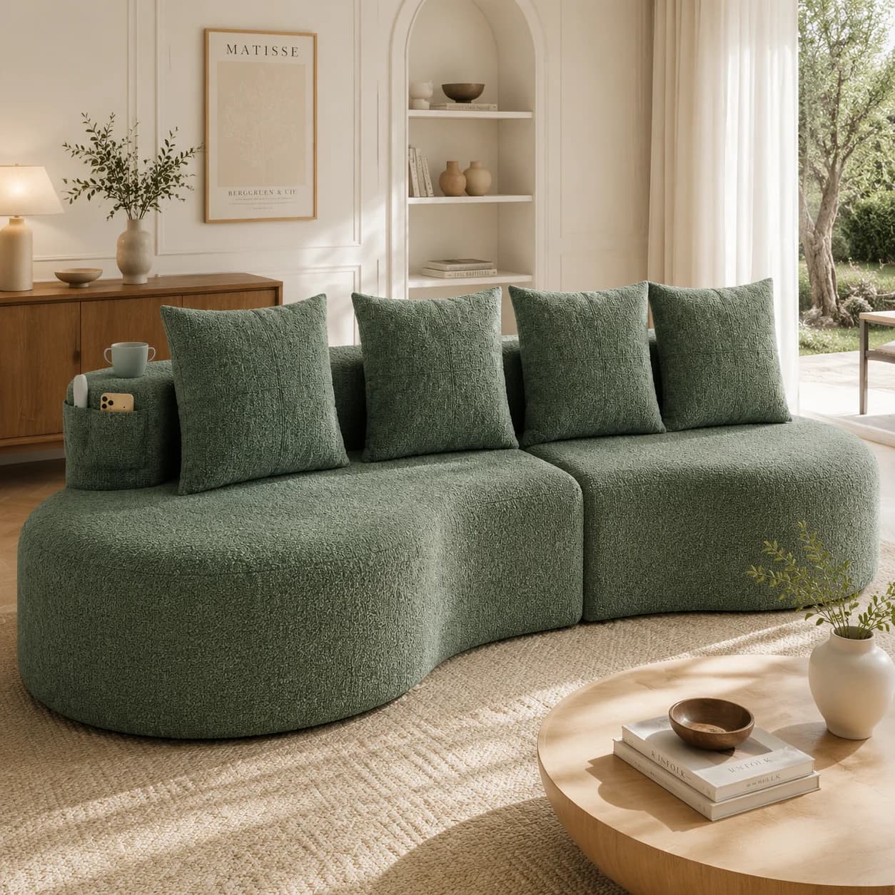 Leinenstoff-Sofa mit 4 Kissen, Hochdichtschaum & Federkern, Tassenhalter & Seitentasche – bequem & atmungsaktiv, für Wohnzimmer, Gästezimmer,