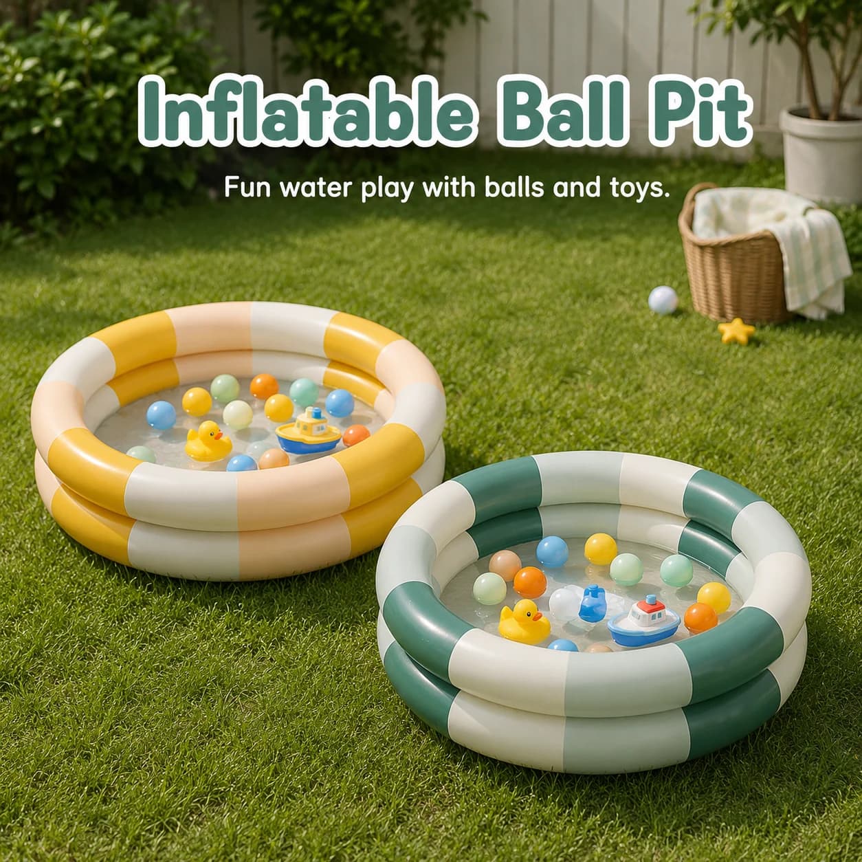 1 Stück Aufblasbares Bällebad, 2-Ring Runder Wasserspielpool mit Farbblock-Design für Innenbereich Badezimmer Außenbereich Rasen