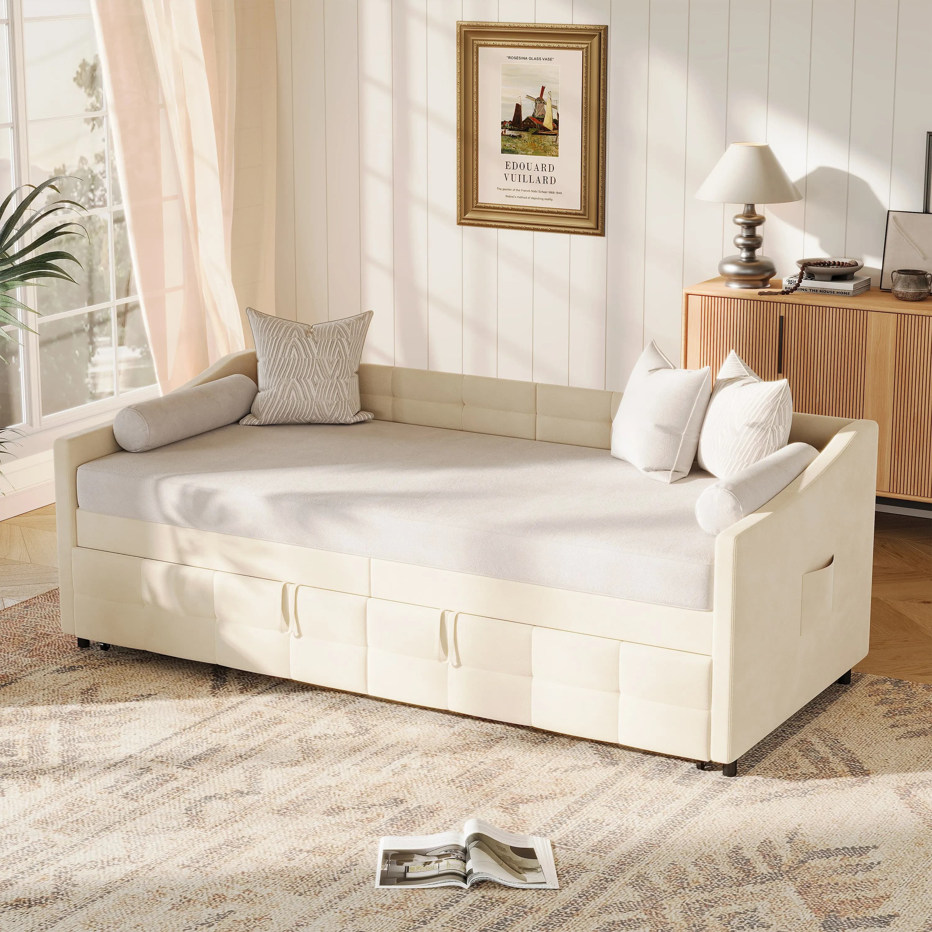 Rosahqnda Polstertes Schlafsofa 90/180 x 200 cm Ausziehbares Schlafsofa Einzelbett Tagesbett