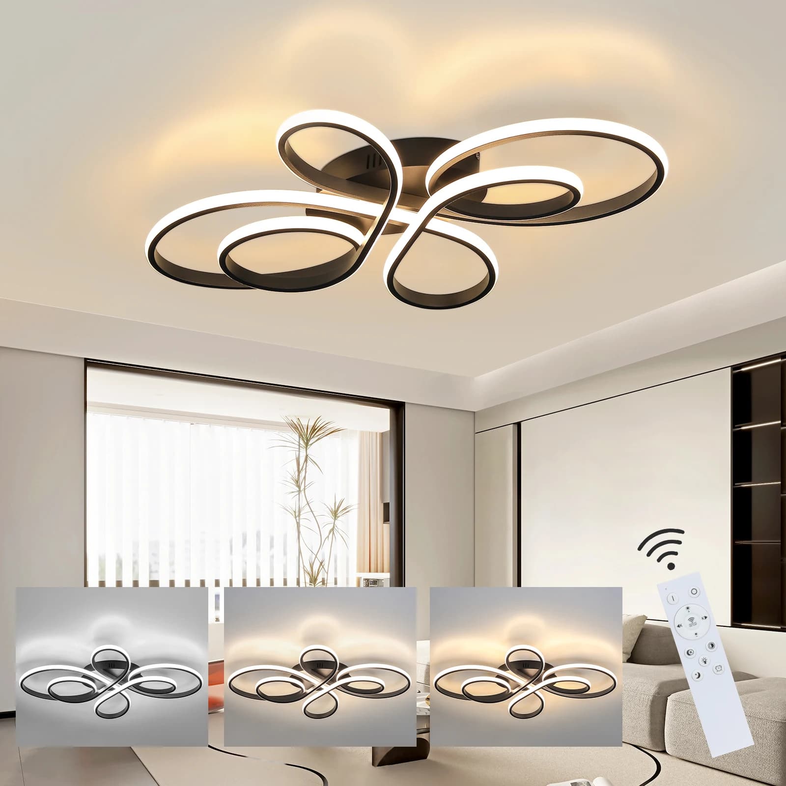 Modernes Schwarze LED Deckenleuchte 66/80/100cm 65/78/90W Schmetterlingsdesign Dimmbar 3000K-6000K Fernbedienung Hohe Helligkeit Blendfrei