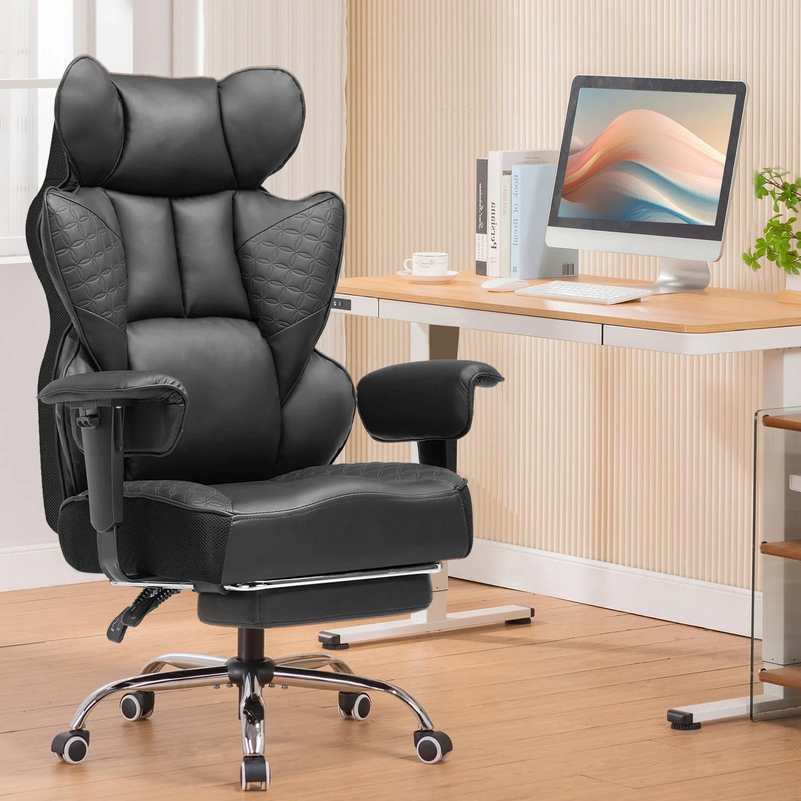 COMHOMA Gaming Stuhl, ergonomischer Bürostuhl, Schreibtischstuhl mit verstellbare Armlehnen, Taschenfederkern-Lendenwirbelstütze