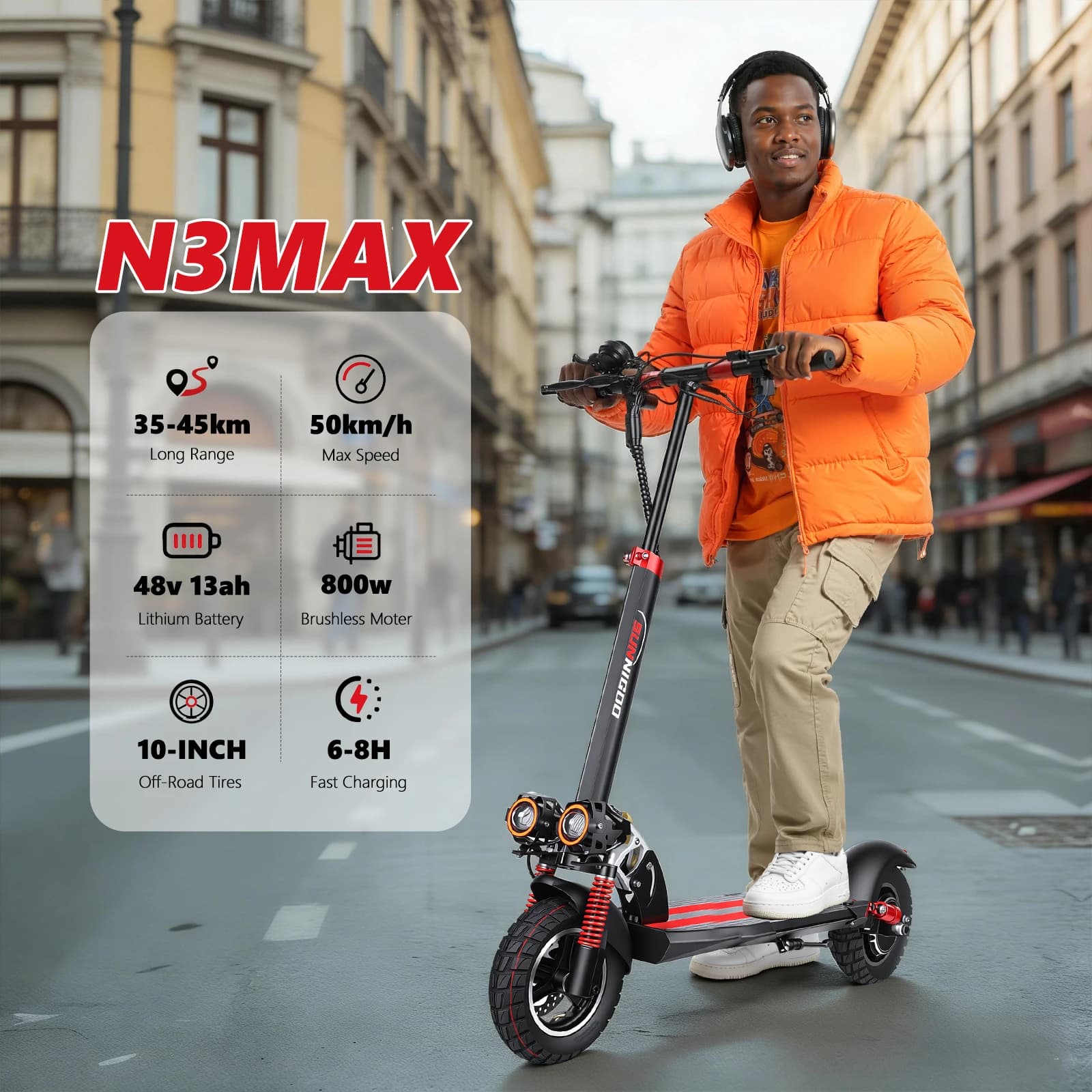 SUNNIGOO N3MAX 800 W 48 V Elektroroller 10 Zoll Offroad-Reifen Höchstgeschwindigkeit 50 km/h Reichweite 35–45 km Dual-Stoßdämpfender faltbarer