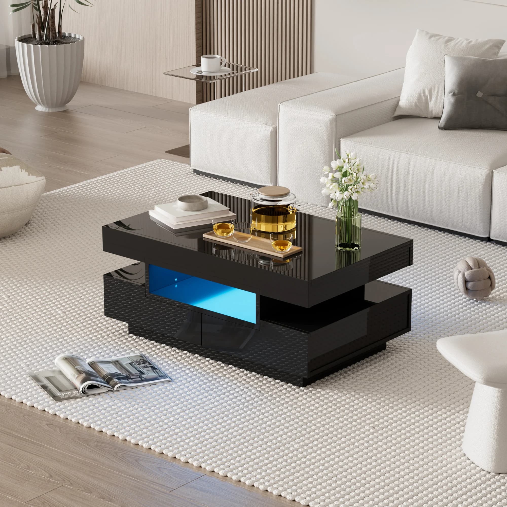 Couchtisch Rechteckig, LED-Hochglanz Beistelltisch für Schlafzimmer, Wohnzimmertische mit Stauraum fürs Wohnzimmer, Beistelltisc