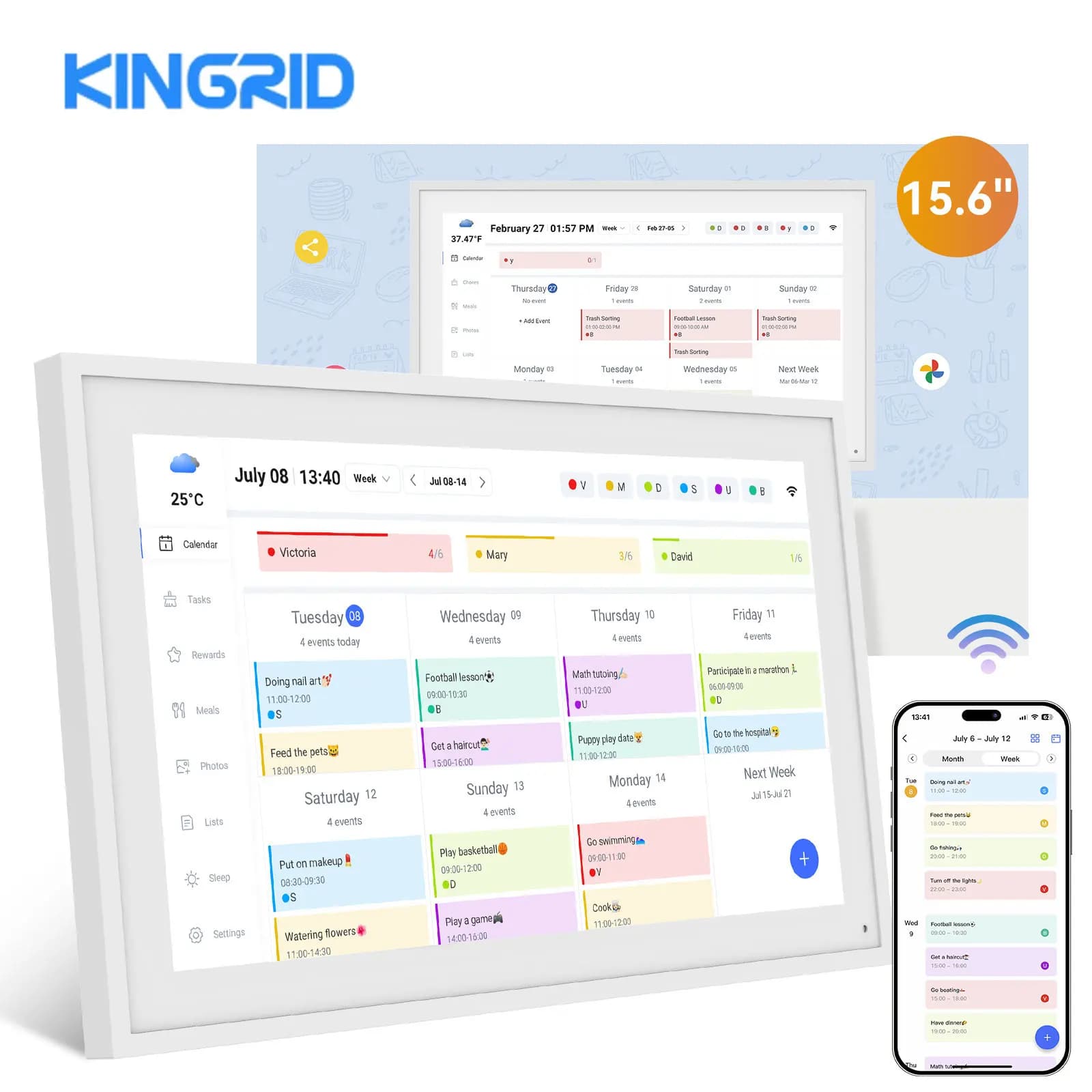 Kingrid P15 15,6 Zoll WLAN Smart Digitaler Kalender, Mahlzeiten- &Aufgabenplanung, Belohnungen für Kinder, Wi-Fi, Google/iCloud-Synchronisierung,