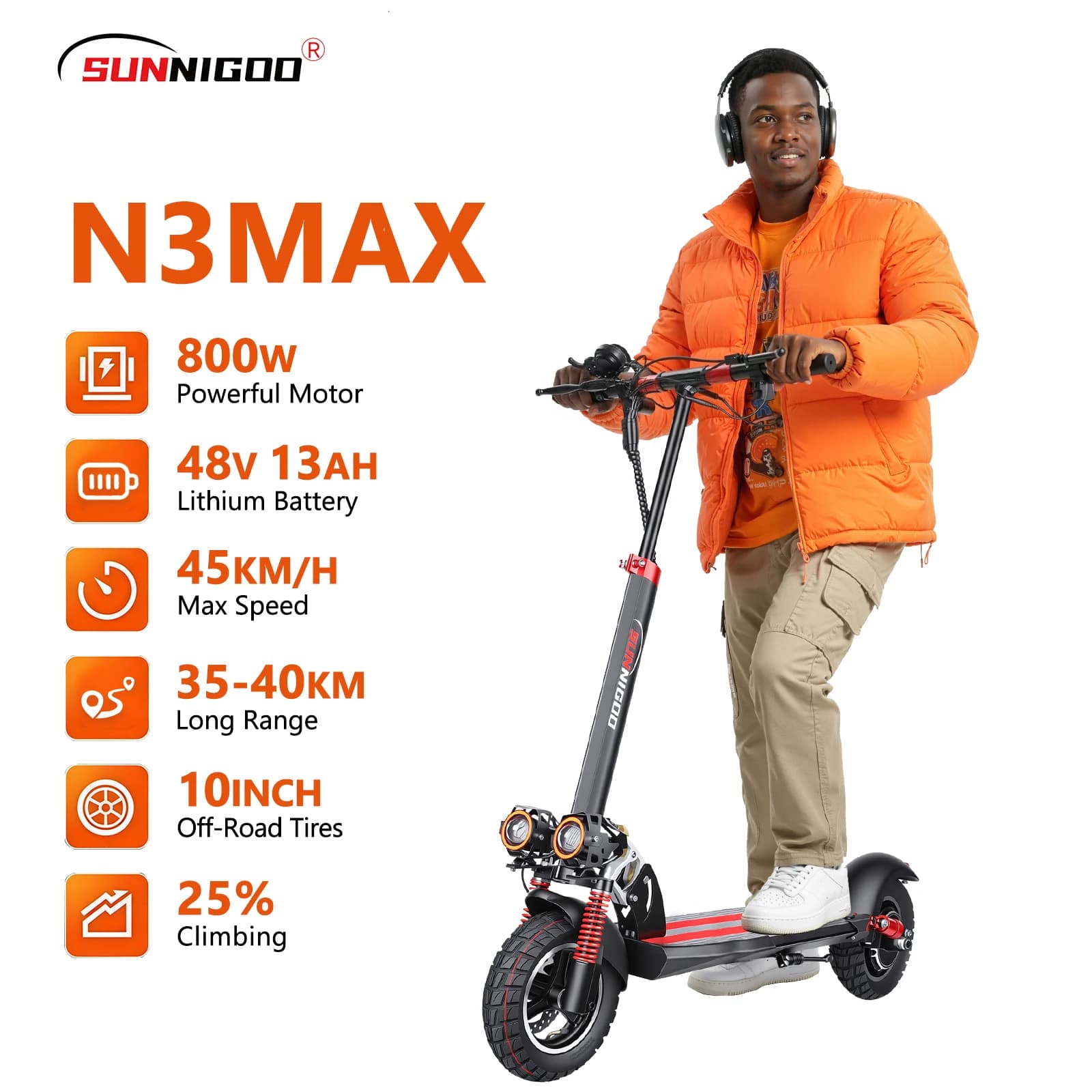 SUNNIGOO E-Scooter für Erwachsene, 10-Zoll-Reifen, 800W Motor, 48V13AH Akku, faltbarer Elektroroller für die Stadt, mit abnehmbarem Sitz.