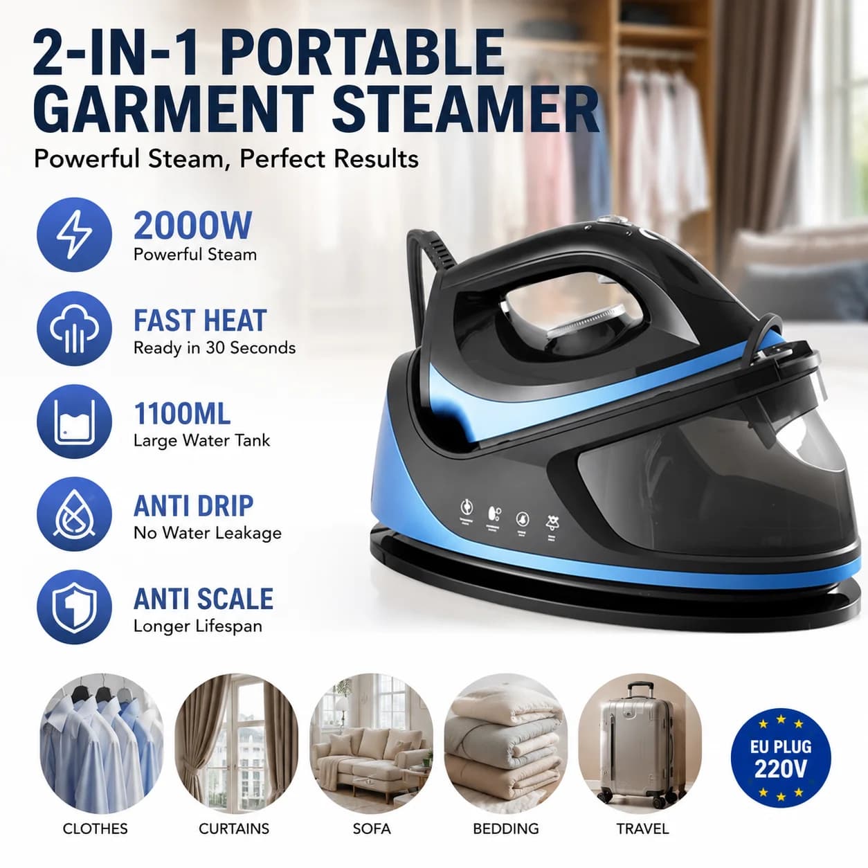 Tragbarer Kleiderdampfer 2000W, Handheld-Stehdampfglätter 2-in-1, Dampfbügeleisen mit schneller Aufheizung, Faltenentferner, 1100ml Wassertank,