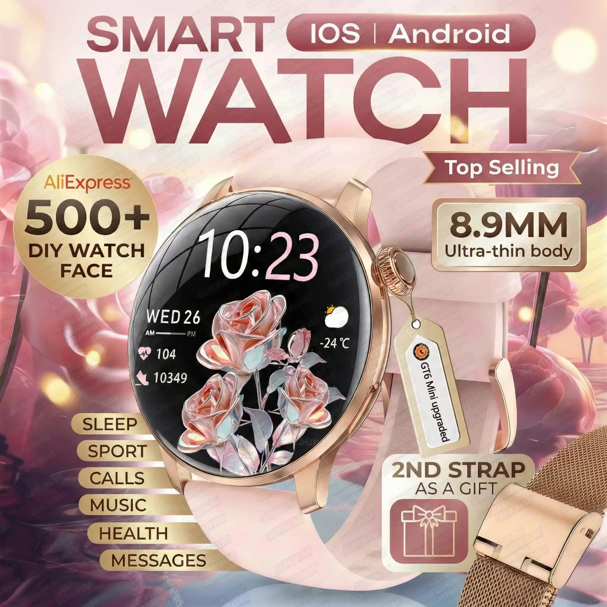 2026 Neue GPS Smartwatch für Damen 8,9MM Ultradünner AMOLED-Bildschirm 500+ Zifferblätter Sprachanruf Sport Gesundheit Wasserdichte Smartwatch für