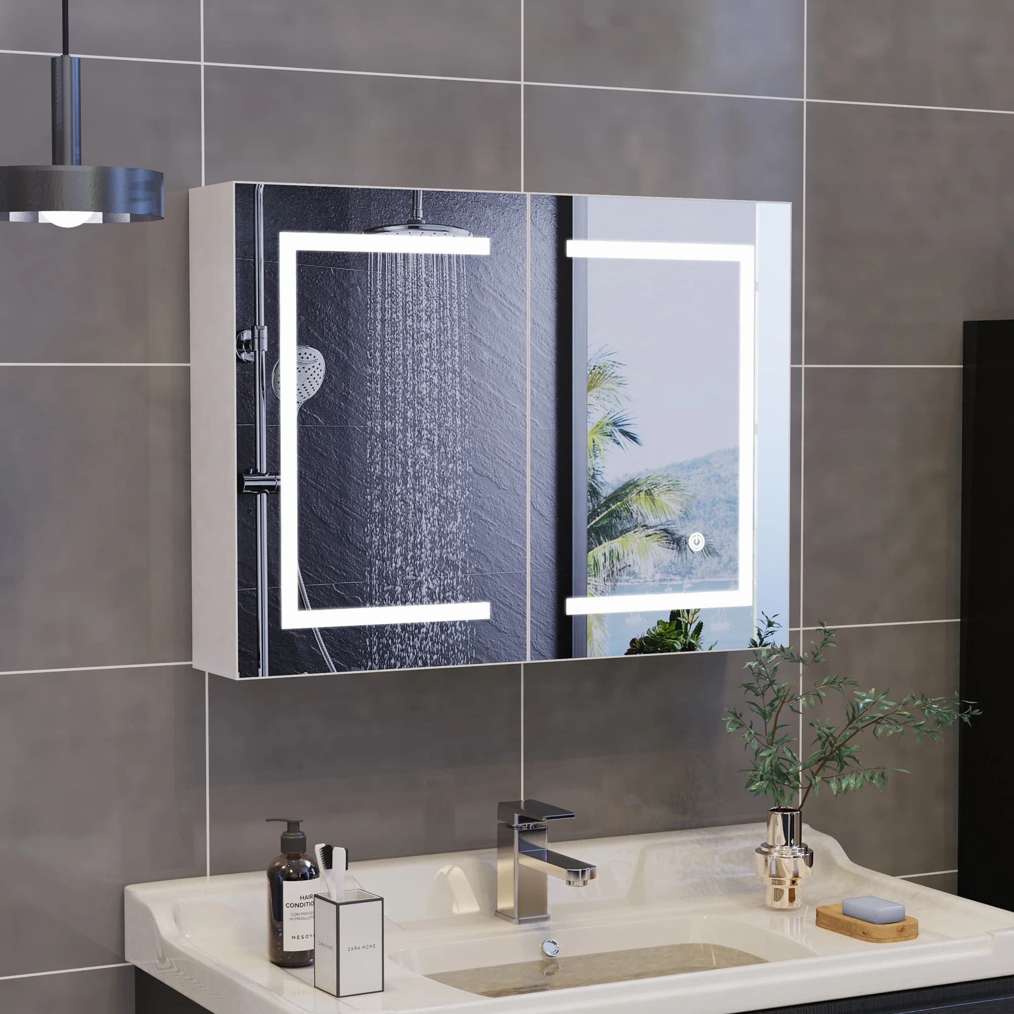 Rosahqnda Antibeschlag-Badezimmerspiegelschrank mit LED-Beleuchtung, höhenverstellbaren Regalen, 3 Farbtemperaturen, dimmbar
