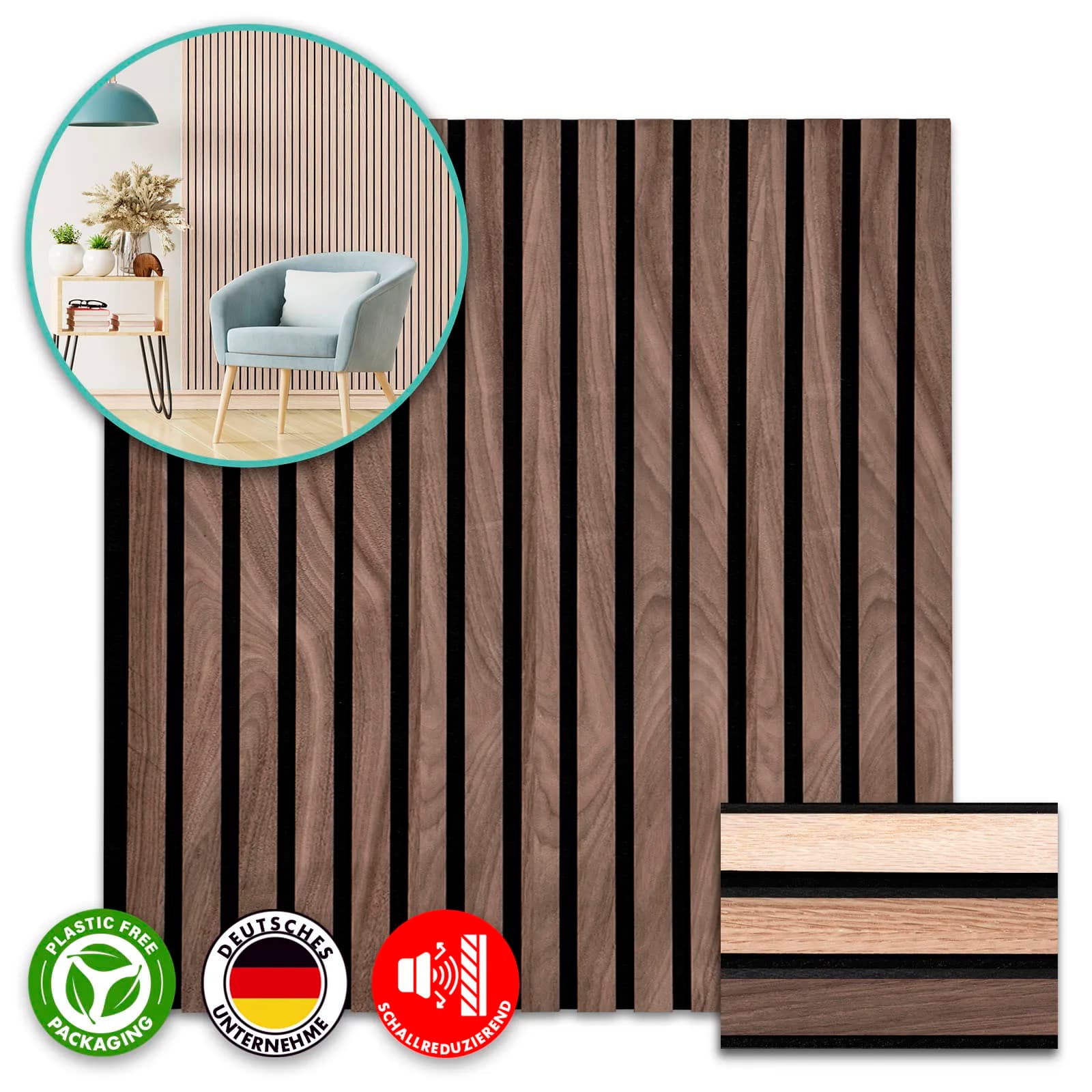 FLOORDIREKT Akustikpaneele – Holzoptik - Hochwertige Wandpaneele aus Echtholzfurnier mit Lamellenstruktur – Black Walnut