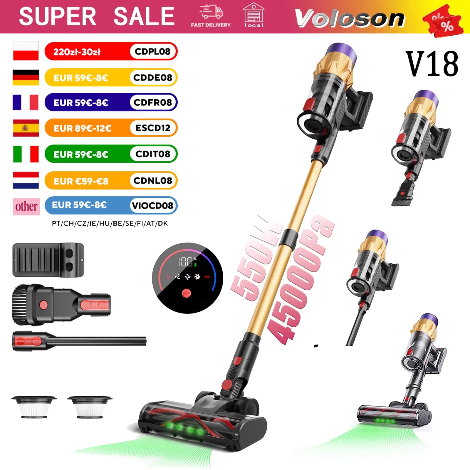 V18 Handstaubsauger 600W 50KPa Kabelloser Stabstaubsauger Smart Touchscreen 65 Min. Laufzeit Selbststehend HEPA-Filter