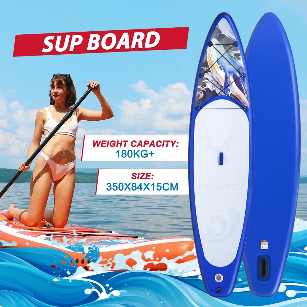 FunWater aufblasbares Stand-Up-Paddle-Board – 335 cm/350 cm große Größe, Tragfähigkeit 165 kg/180 kg, rutschfestes Wassersport-Paddle-Board