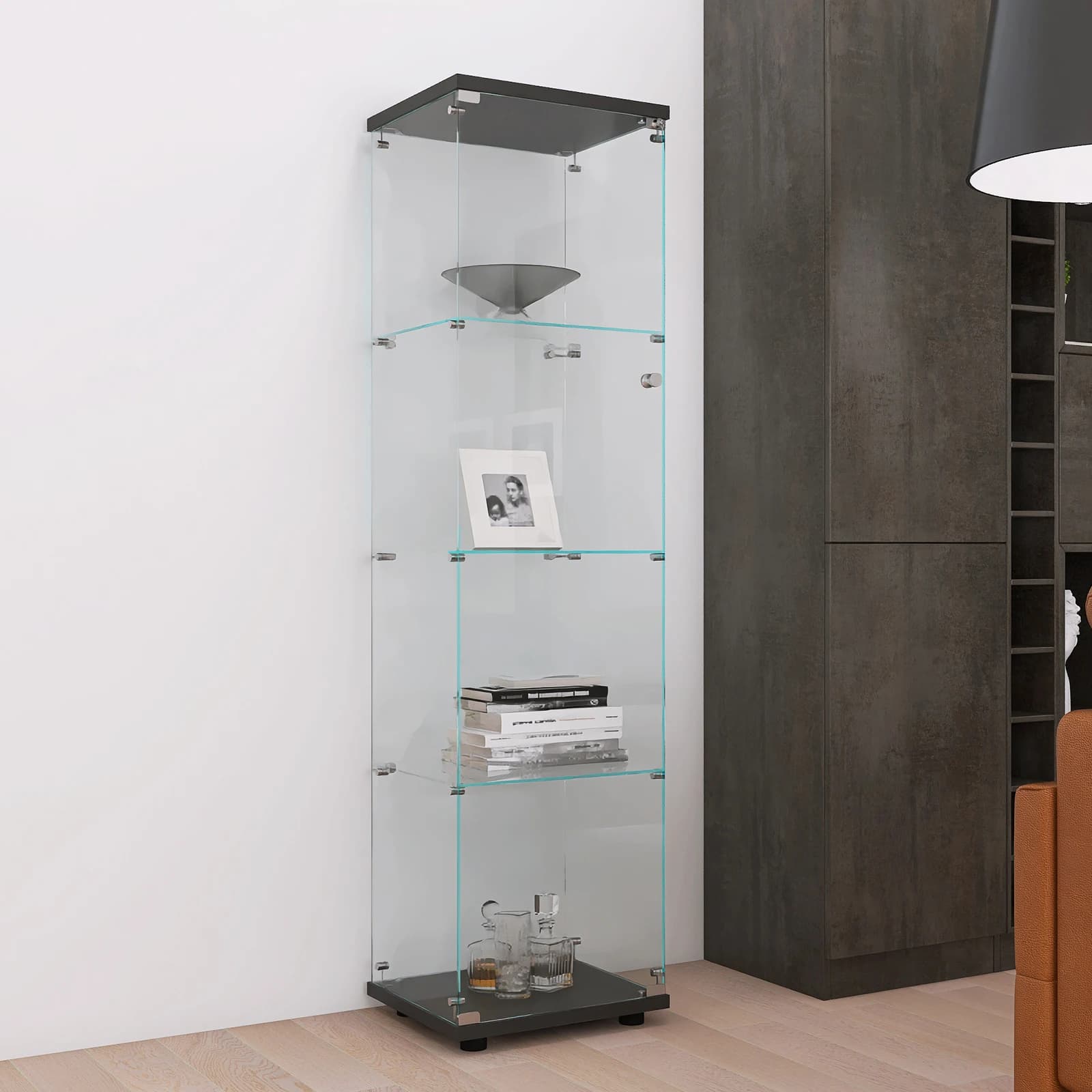 Rosahqnda Glasvitrine mit 4 Regalen und 1 Tür, bodenstehendes Curio-Bücherregal für Wohnzimmer, Schlafzimmer, Büro,