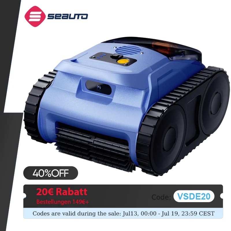 Seauto SAT20pro Poolreiniger, 150 Minuten Betriebszeit, für bis zu 2000 Quadratfuß, 45.000 Pa starke Saugkraft, Wandkletterfunktion für