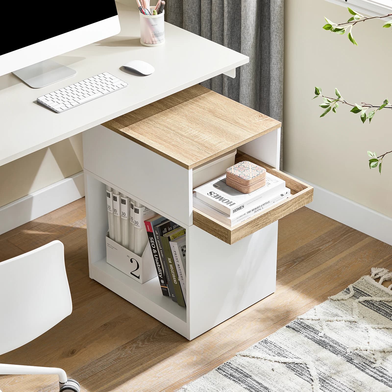 SoBuy ASK08-WN Druckertisch mit Rollen  Versteckte Rollen, 3 Fächer, Rollcontainer Schreibtisch für Büro Weiß-Natur 40x65x50cm