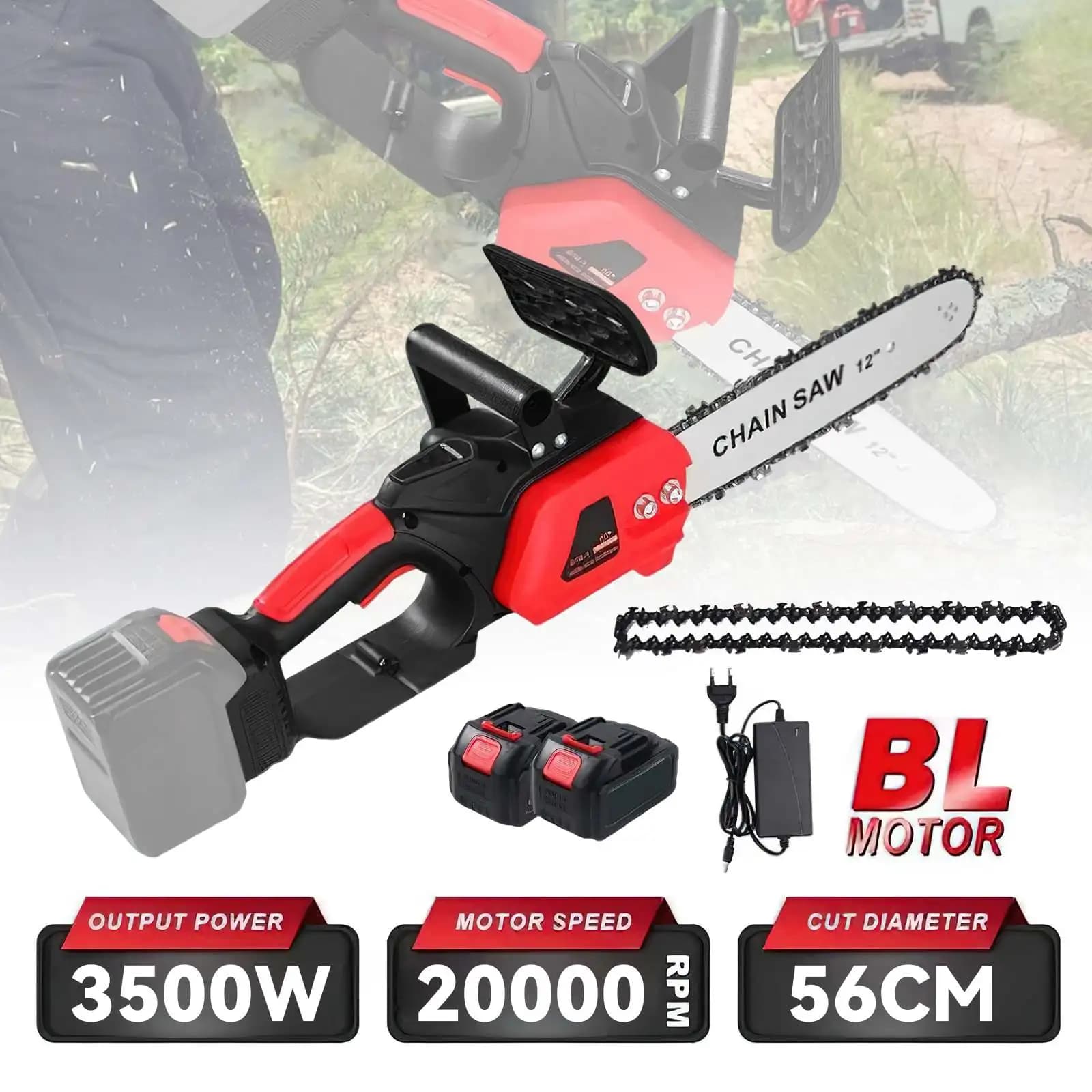 12-Zoll-Hochleistungs-3500W-Bürstenlose Elektrokettensäge mit Öler, kabelloses Garten- und Holzbearbeitungswerkzeug für Makita 21V-Akku