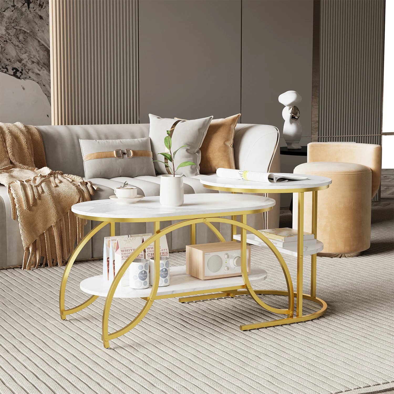 ROSAHQNDA 2er-Set Moderne Couchtische, Sofatisch mit 2-lagigen Regalen, MDF-Platte und stabilen Metallständern, Wohnzimmermöbel
