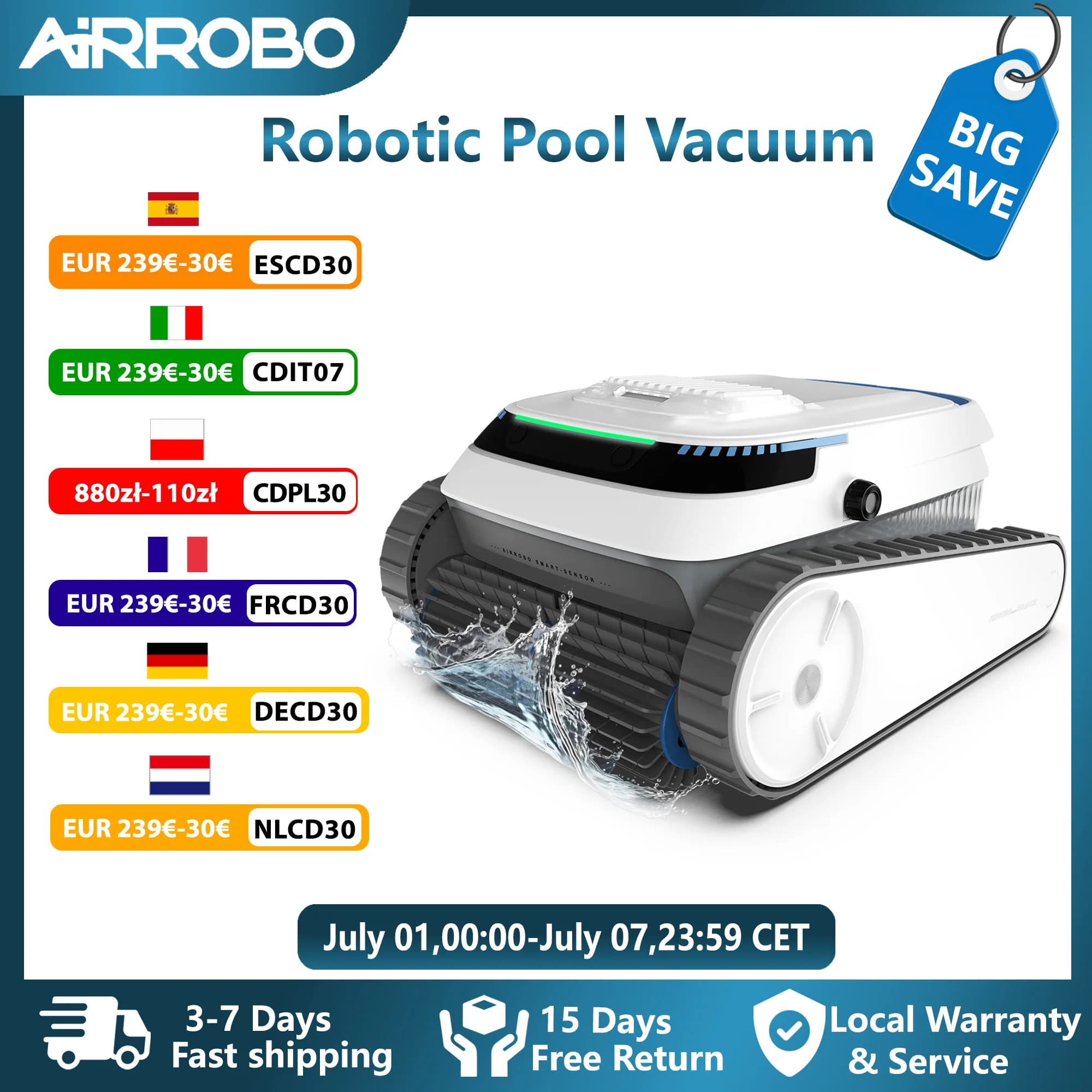AIRROBO PC10 Intelligenter Poolreinigungsroboter - 120 Min. Laufzeit, Wandkletterfähig, Reinigt Böden/Wände/Wasserlinie für Einbau- und