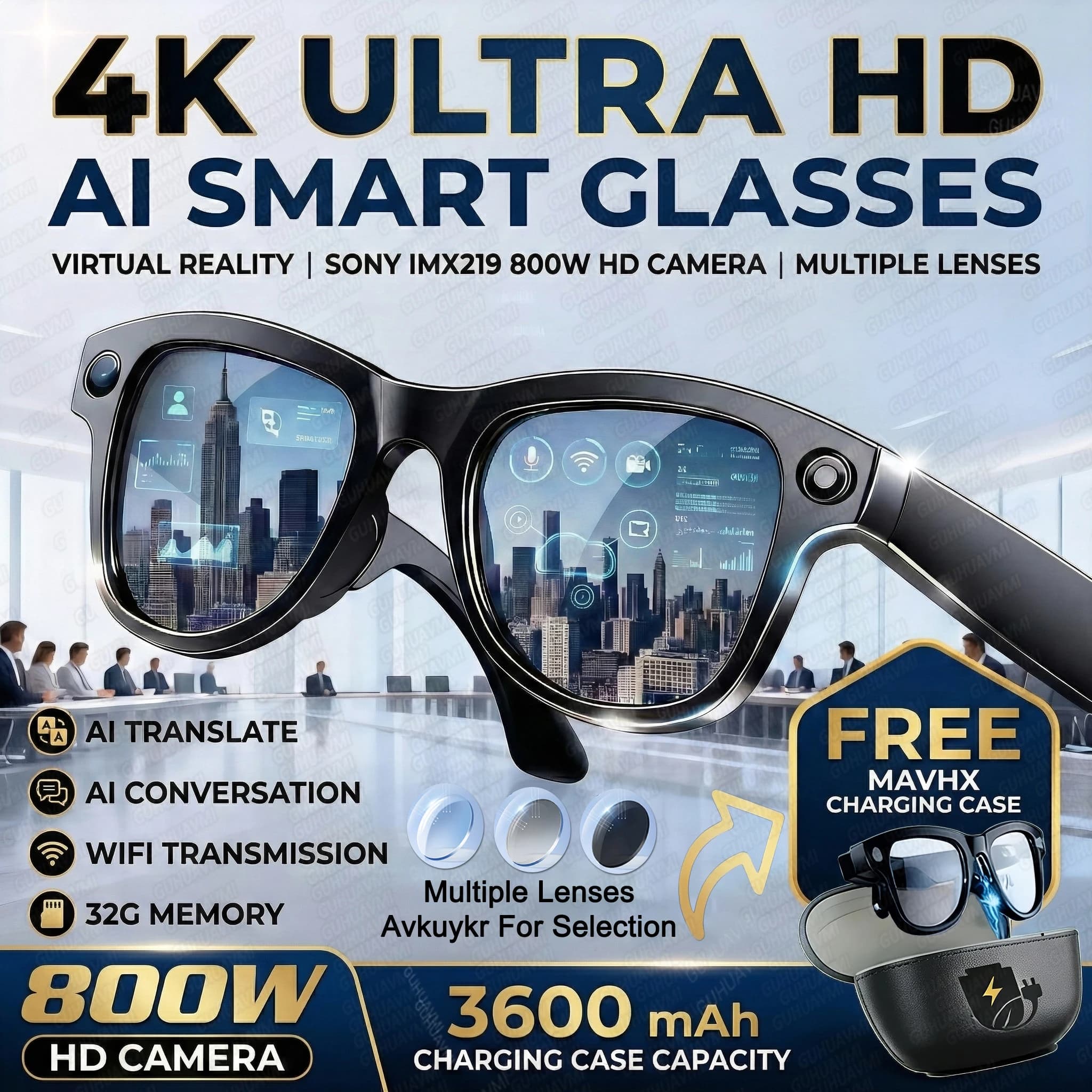 2026 Neue Smart-Brille mit 32 GB Speicher, 800W 4K-Kamera, Foto- und Videoaufnahme, 3600 mAh Powerbank, 120+ Sprachenübersetzung, KI-Brille für