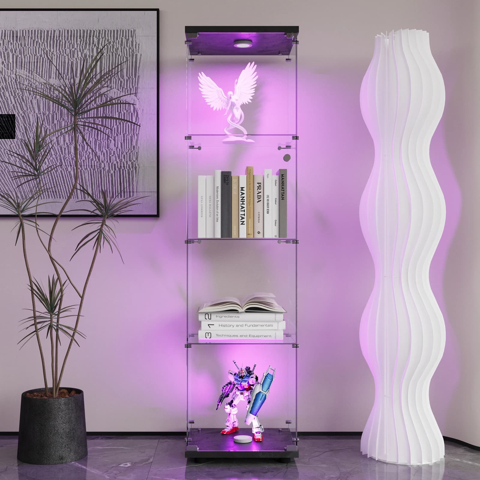 Comanlai 1-türiger 4-stufiger Weinschrank aus gehärtetem Glas, freistehende Vitrine, Sammlervitrine, für Wohnzimmer