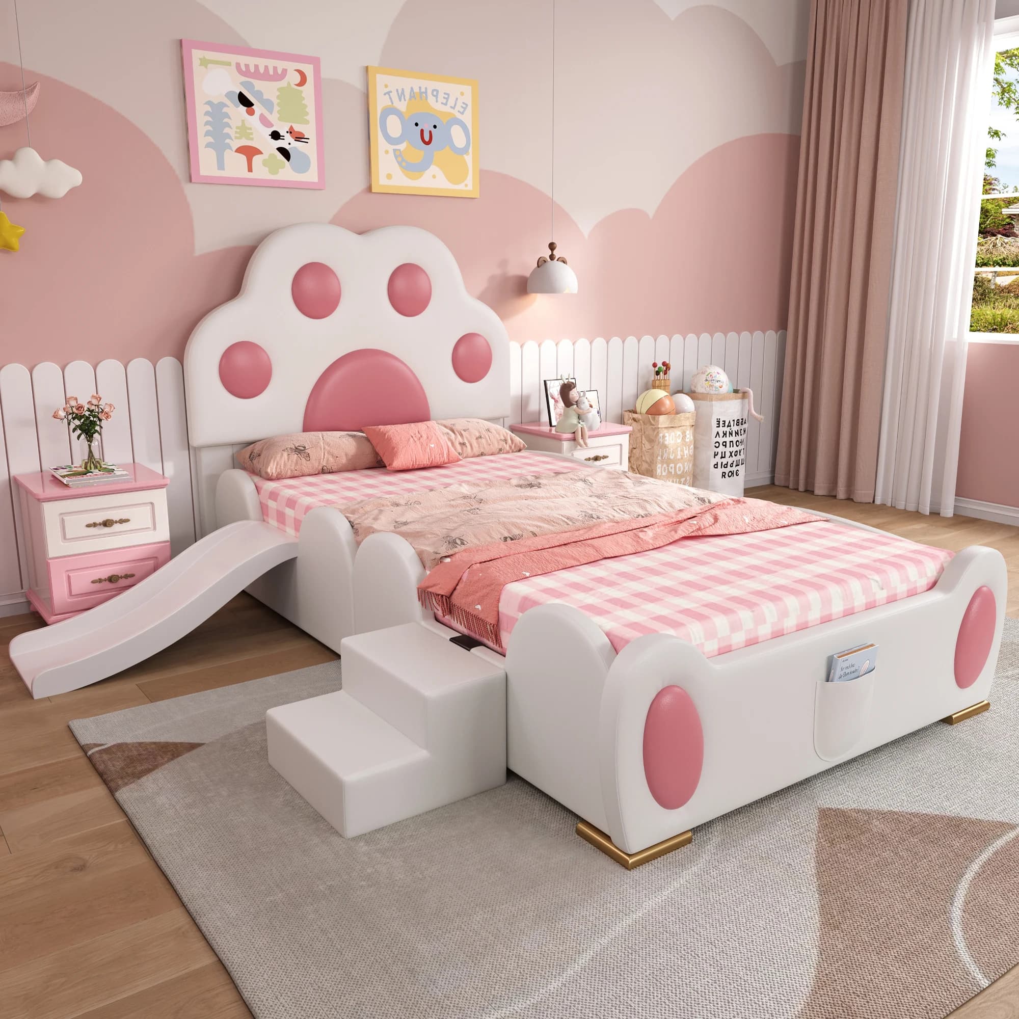Polsterbett, Einzelbett, Kinderbett, Kopfteil in Form einer Cartoon - Katzenpfote, mit einer Kinderrutsche und einer zweistufigen Leiter,PU,90x200cm