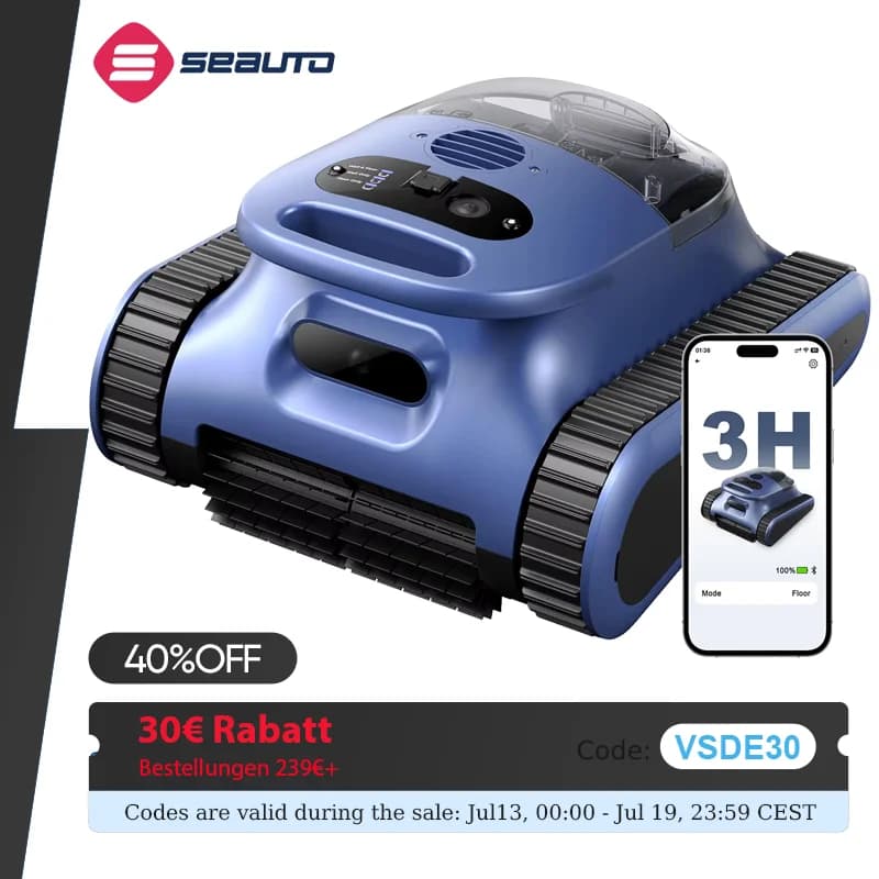 Seauto Robotic Pool Vacuum, 180 Mins Runtime, Wall-Climbing, Suitable for Walls and Floors of 2000 Square Feet