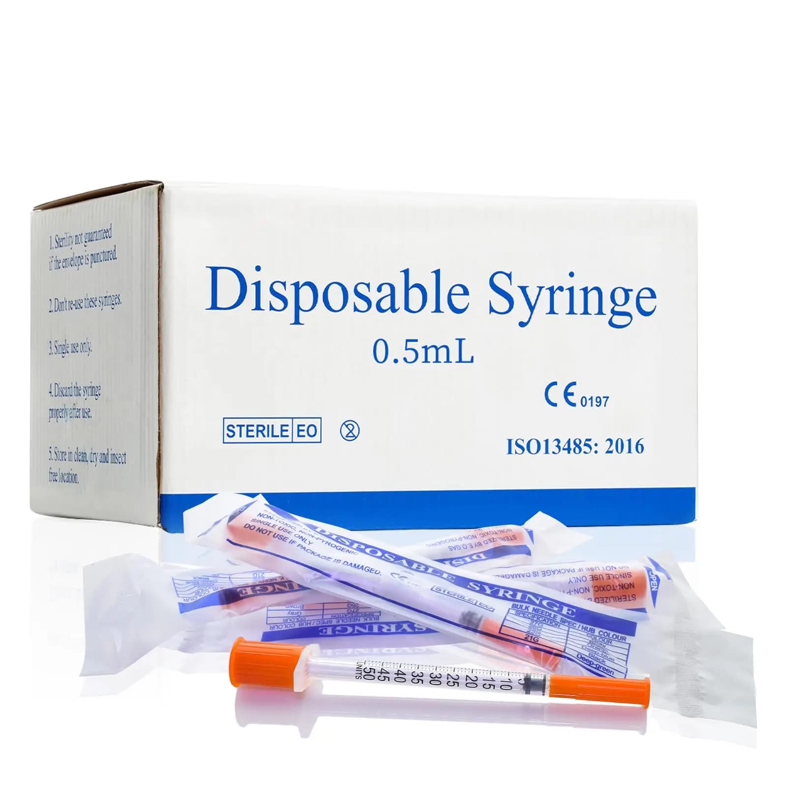 0,5ml 31G 8MM Kunststoff Manuelle Insulinspritze Einzeln Verpackt für Haustiere Veterinärgebrauch, 100 Stück/Box