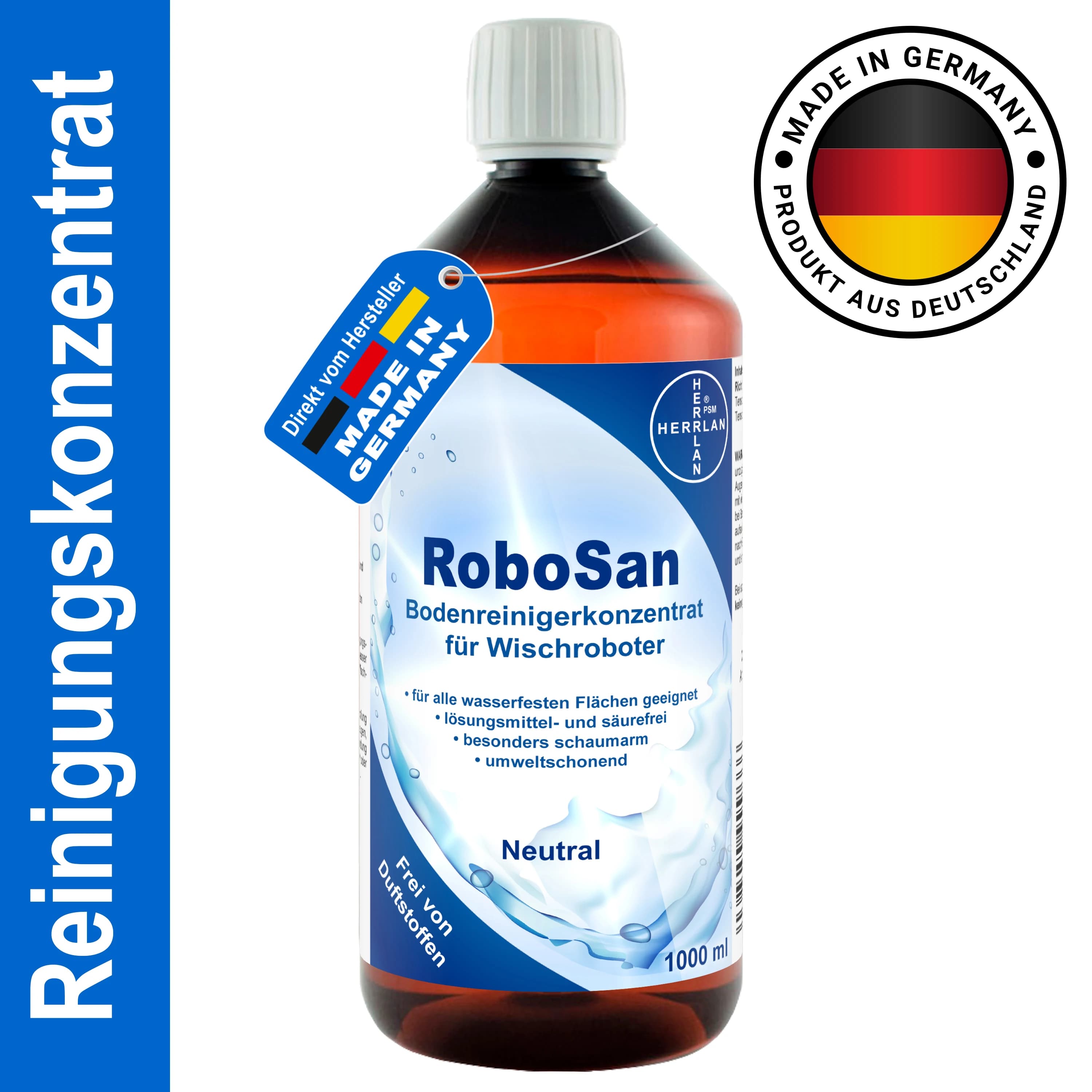 HERRLAN® RoboSan Bodenreiniger 1000 ml – Reinigungskonzentrat für Wischroboter - ohne Duftstoffe - Für alle Saug & Wischroboter