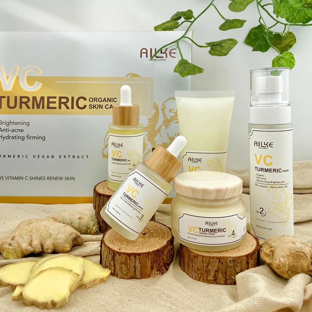 AILKE Bio-Hautpflegeset zur Aufhellung von Kurkuma, mit Vitamin C, saubere Haut, reduziert Akne, feuchtigkeitsspendend und strafft für Frauen