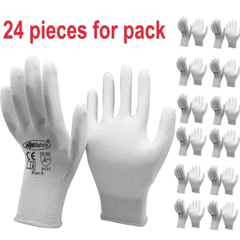 24 Stück/12 Paar weiße antistatische Schutzhandschuhe mit Nylon-Strickfutter, getauchter PU-Handschuh auf der Handfläche