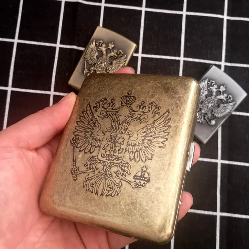 Einzigartige Retro Metall Doppeladler Zigarette Fall Mit Gleichen Gas Leichter Zigarette Pack 20 Zigarette Boxen Mann Raucher geschenk