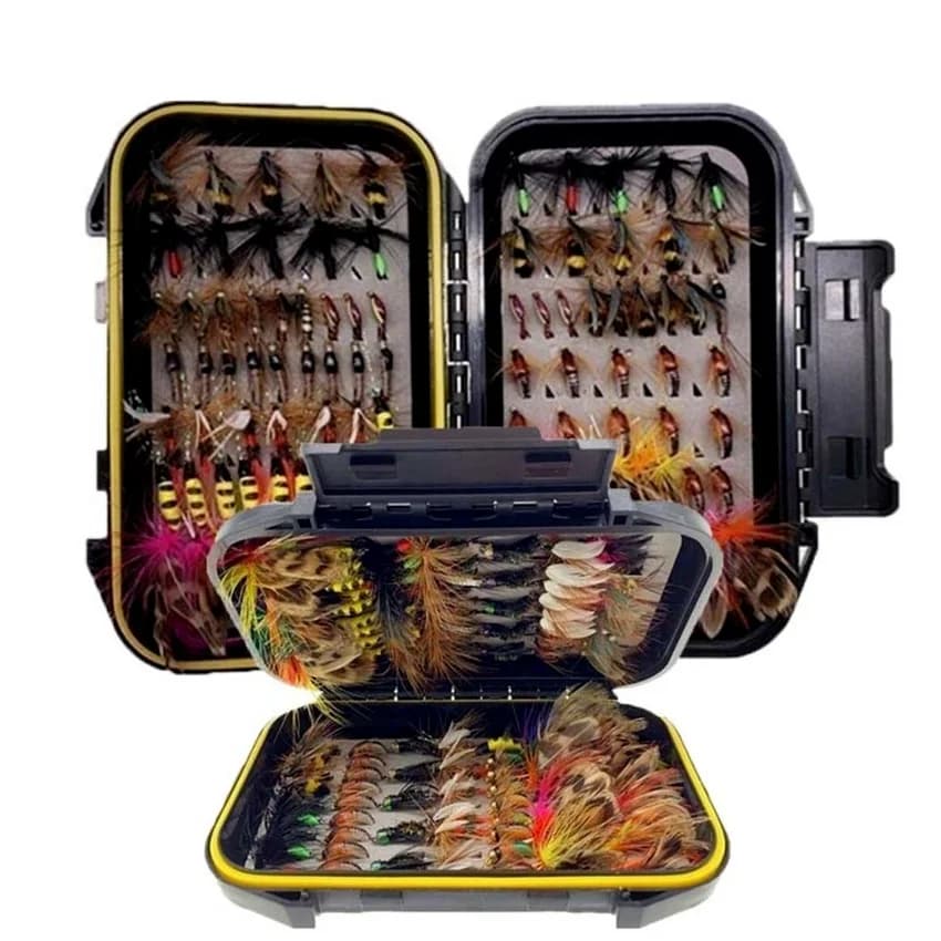 Trout Fly Fishing Flies Sammlung 32-112Pcs Fliegen Trocken Nass Nymph Streamer Fliegen Sortiment mit Fly Box Fliegenfischen fly Lockt Kits