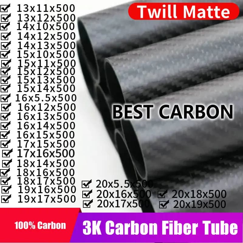 Kostenloser Versand OD13 14 15 16 17 18 19 20 mm mit 500 mm Länge Hochwertiges Twill-Matt-3K-Carbonfasergewebe-Wundrohr, CFK-ROHR