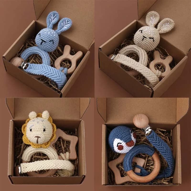 3 Teile/satz Kleinkinder Dusche Geschenk Baby Schnuller Kette Clip Buche Beißring Holz Zahnen Ring Neugeborenen Häkeln Tier Rabbite Rassel