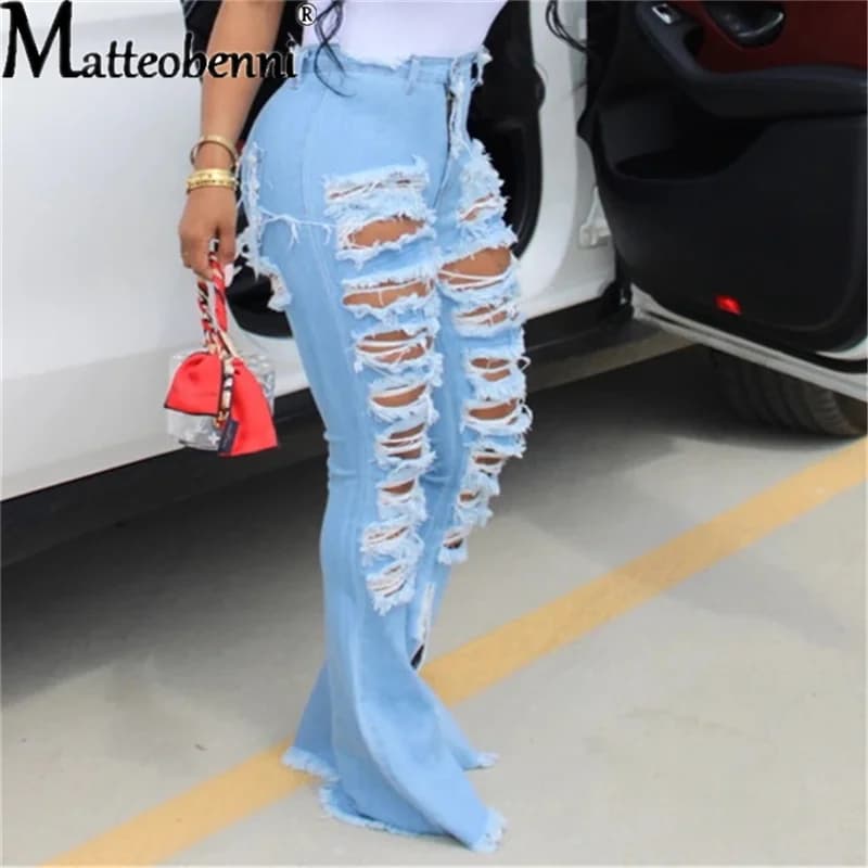 2026 Zerrissene Jeans für Damen – High-Waist-Jeans mit Elastizität, modische Schlagjeans mit Löchern, Vintage Bell Bottom Jeans, Damenbekleidung