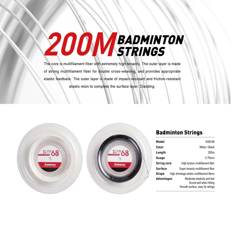 Kawasaki 200 m Badminton-Saiten, langlebig, Repulsion Power, hohe Repulasion Power, Sportzubehör-Saite KSB-68