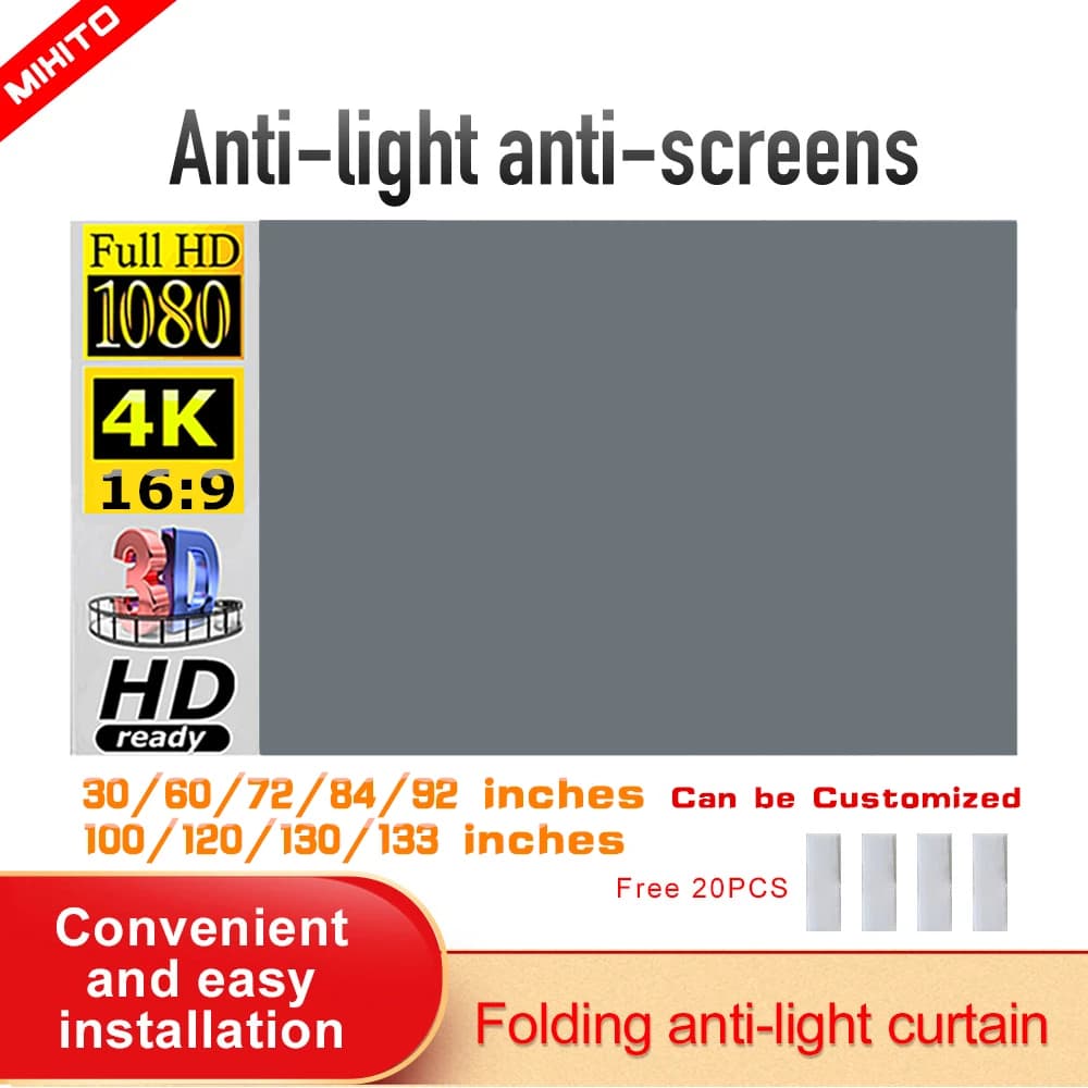 MIXITO Projektor-Leinwand, einfacher 16:9 Anti-Licht-Vorhang, 30, 72, 84, 92, 100, 106, 120, 130, 133 Zoll, Zuhause, Outdoor, Büro, tragbar, 3D-HD