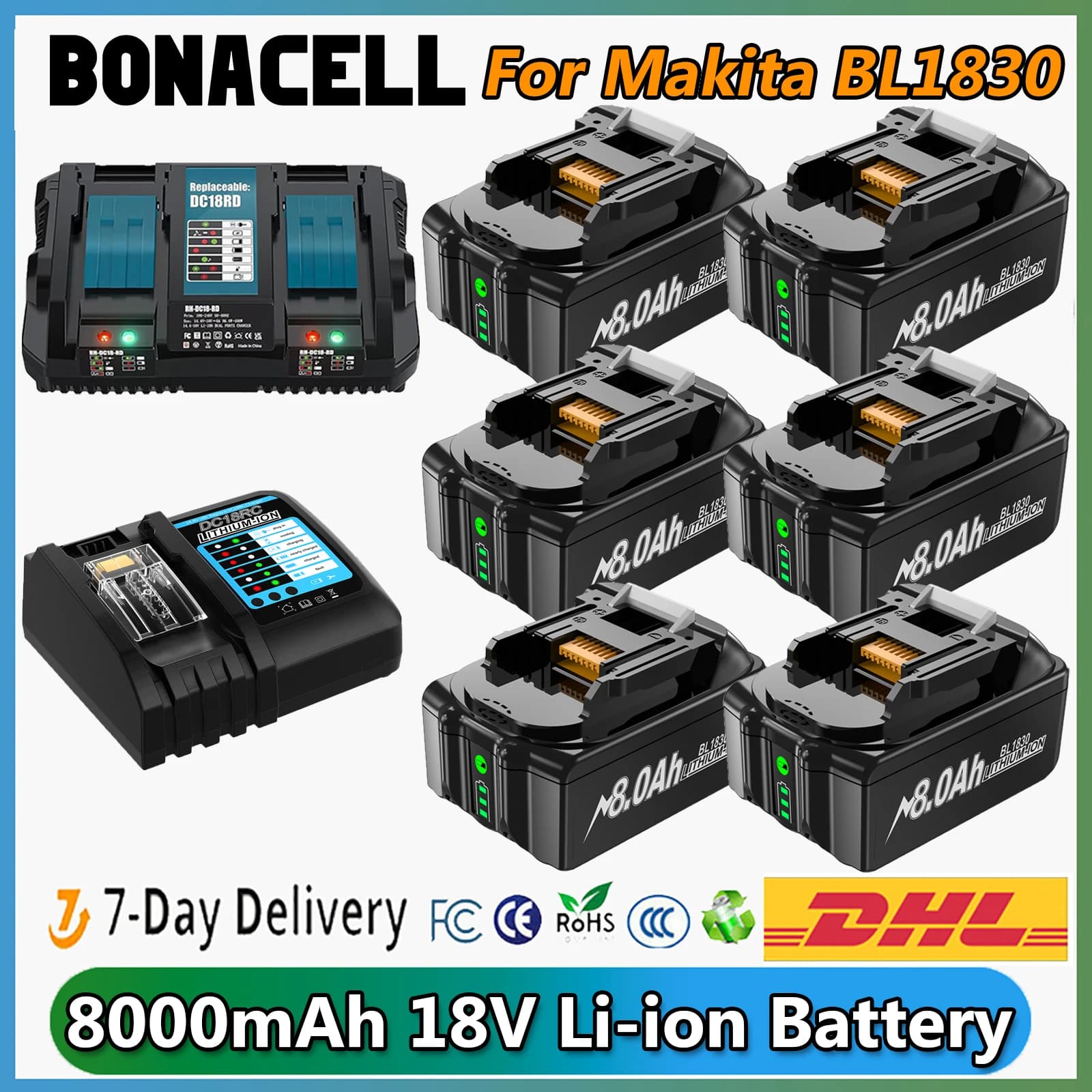 Für Makita BL1830 Akku wiederaufladbar 8000 mAh 18 V BL1830 BL1815 BL1860 BL1840 Werkzeug Ersatzakku mit 4 A 6 A Ladegerät