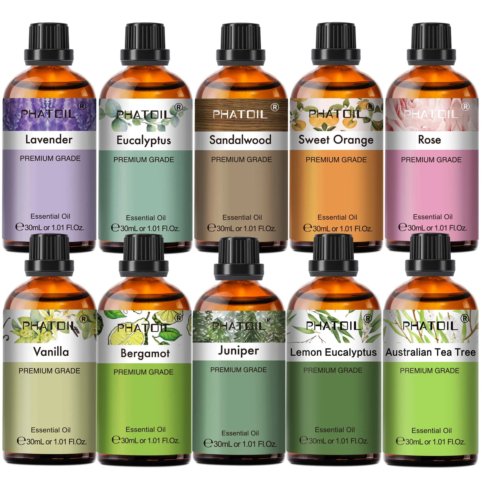 PHATOIL 1PCS Aromatherapie Ätherisches Öl 30ml Zitrone Eukalyptus Lavendel Bergamotte Jasmin Wacholder Rose Vanille Aroma Ätherisches Öl