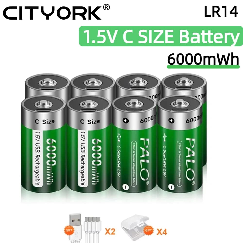 PALO 1,5 V C-Lithium-Ionen-Akku 6000 mWh Typ C wiederaufladbare Lithium-Batterien C-Größe Lipo LR14 Akku für Taschenlampen Gasherd