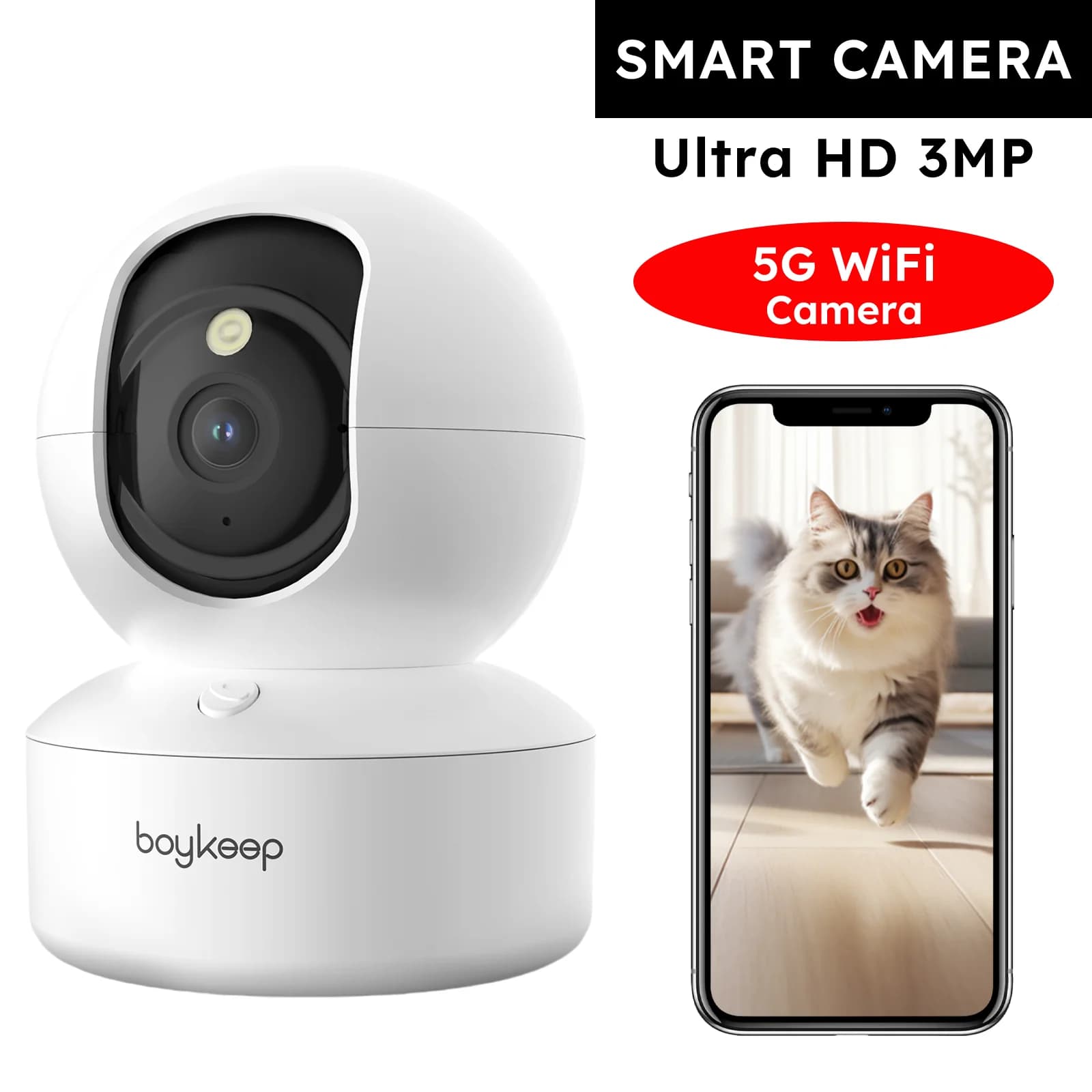 Boykeep 2K-Hundekamera mit Telefon-App, 5 G/2,4 GHz WiFi-Babykamera für den Innenbereich, 360° °   Schwenken und Neigen, 2-Wege-Audio, Nachtsicht