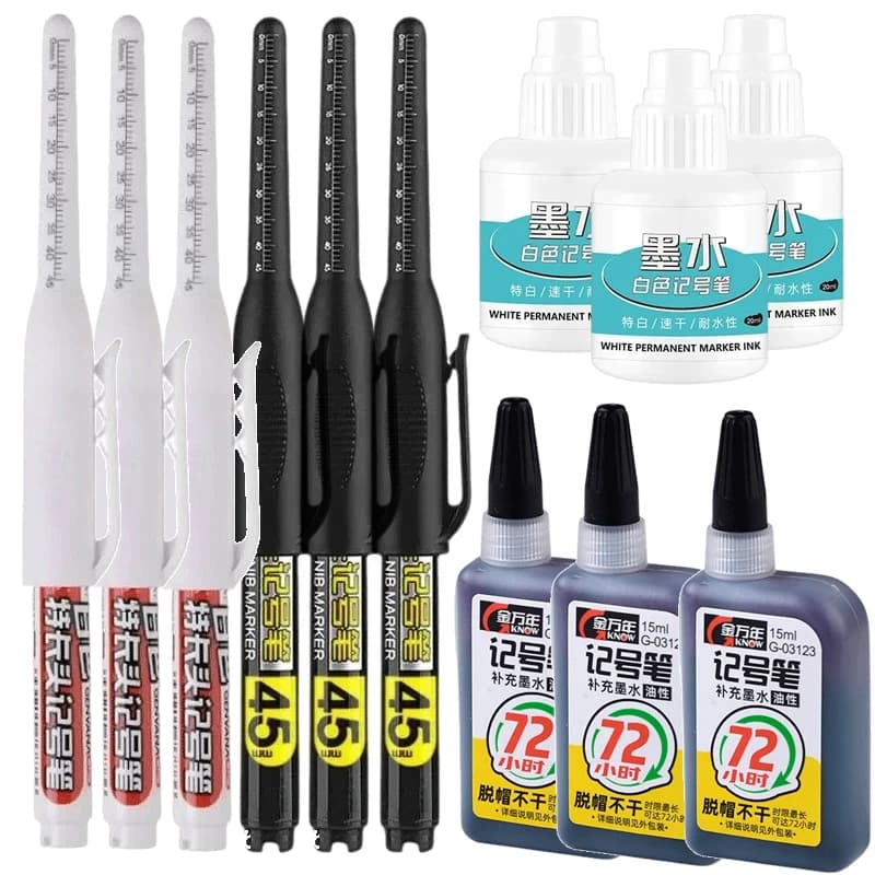 45 mm wasserdichte Tiefloch-Markierungsstifte mit langem Spitzenkopf, Zimmermannsstift, weiße/schwarze/blaue Tinte für Mehrzweck-Handwerkzeuge für