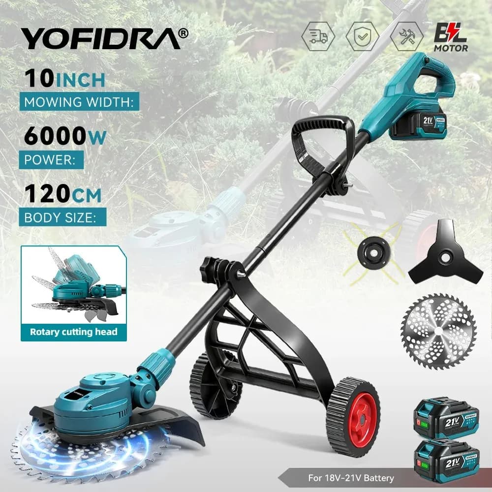 YOFIDRA 10 Zoll bürstenloser elektrischer Rasenmäher 6000 W 58000 U/min Garten faltbarer Rasentrimmer Elektrowerkzeug für Makita 18 V Batterie Pin