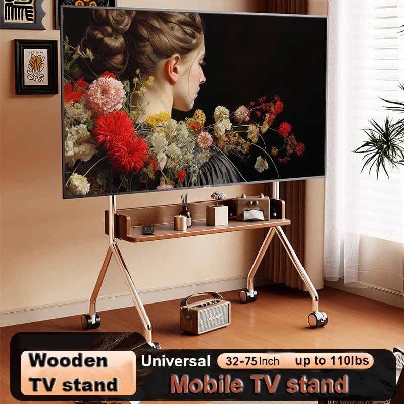 Rollbarer TV-Ständer mit Ablageflächen für Wohnzimmer, Schlafzimmer, Büro, 32-65-Zoll-TV, schwerer TV-Ständer bis zu 110 Pfund, VESA 600 x 400 mm