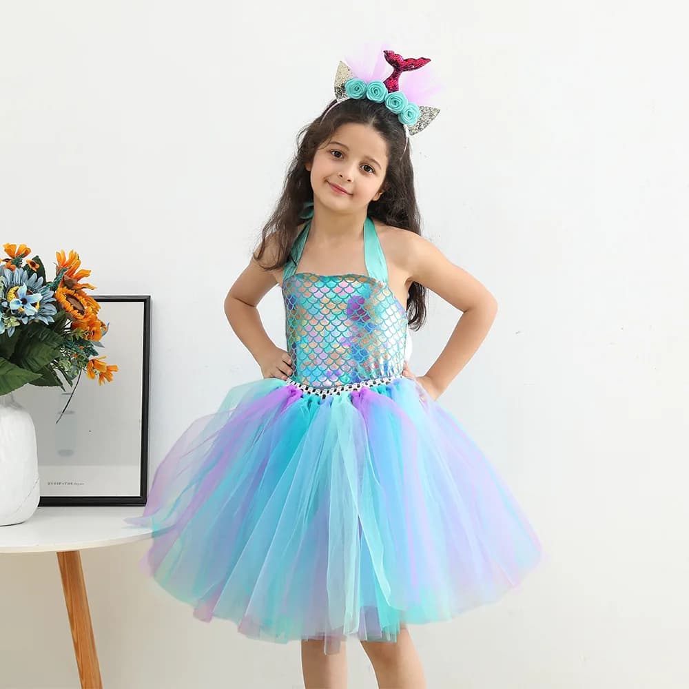 Kinder Mädchen Cosplay Partykleid Prinzessin Dress Up Meerjungfrau Tüll Tutu Kleider Thema Geburtstag Party Kostüm mit Blumenstirnband