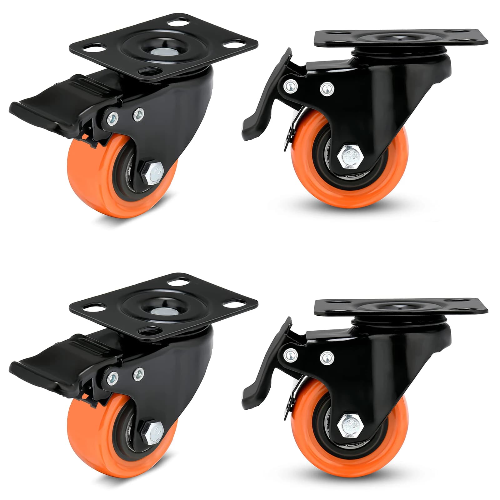 Robuste 2-Zoll-Plattenrollen, 4er-Set, leuchtend orangefarbene, geräuschlos verriegelbare PU-Lenkrollen mit Bremse