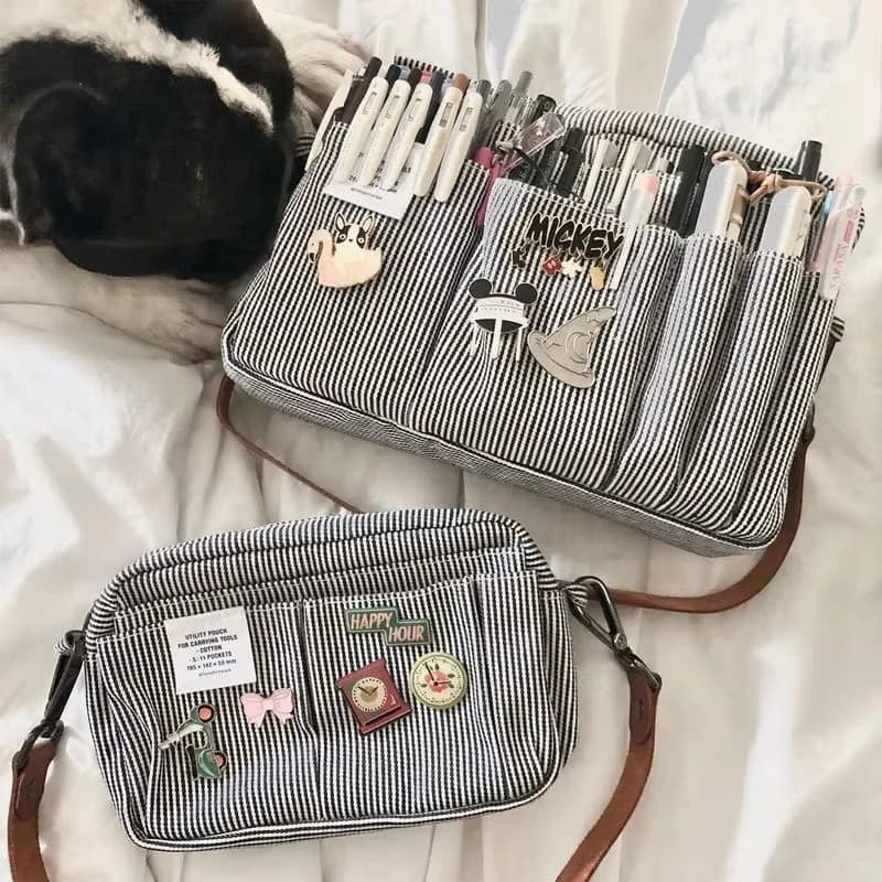 Große Kapazität Canvas Aufbewahrungstasche Einfaches Design für Gymnasiasten Mehrschichtiges Federmäppchen und Tasche für Jungen und Mädchen