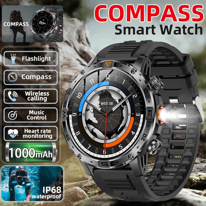 LIGE Neue 1000 mAh Lange Batterie Smartwatches Kompass LED Taschenlampe Smart Uhr Männer BT Anruf Smartwatch Wasserdichte Sport Uhr mann