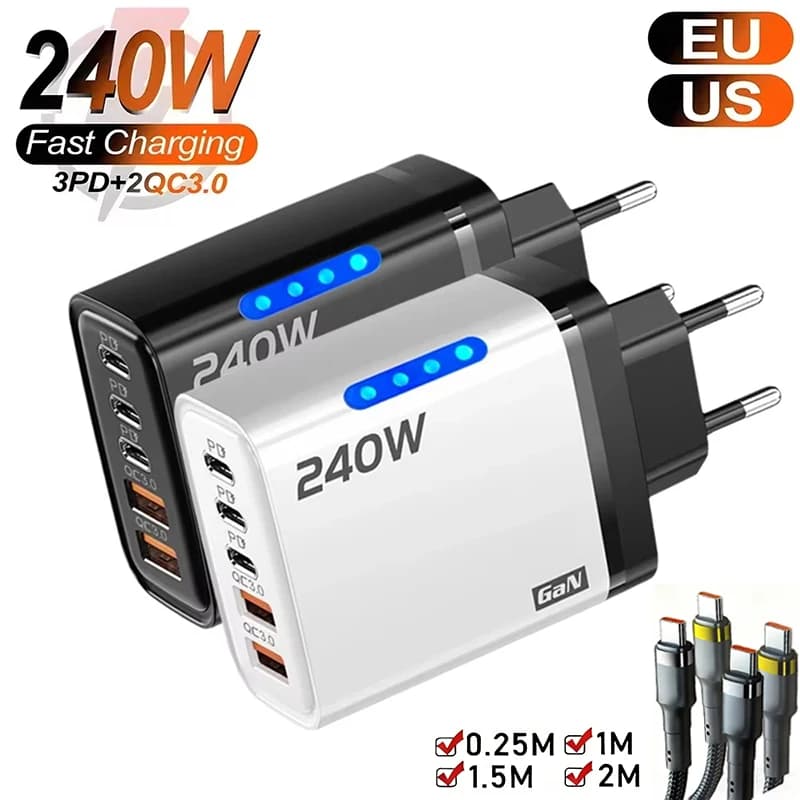 Neues 5-in-1-GaN-Ladegerät für iPhone 16 15pro Desktop-Laptop Samsung 240 W Schnellladeadapter 120 W Typ-zu-Typ-C-Kabel-Ladegerät